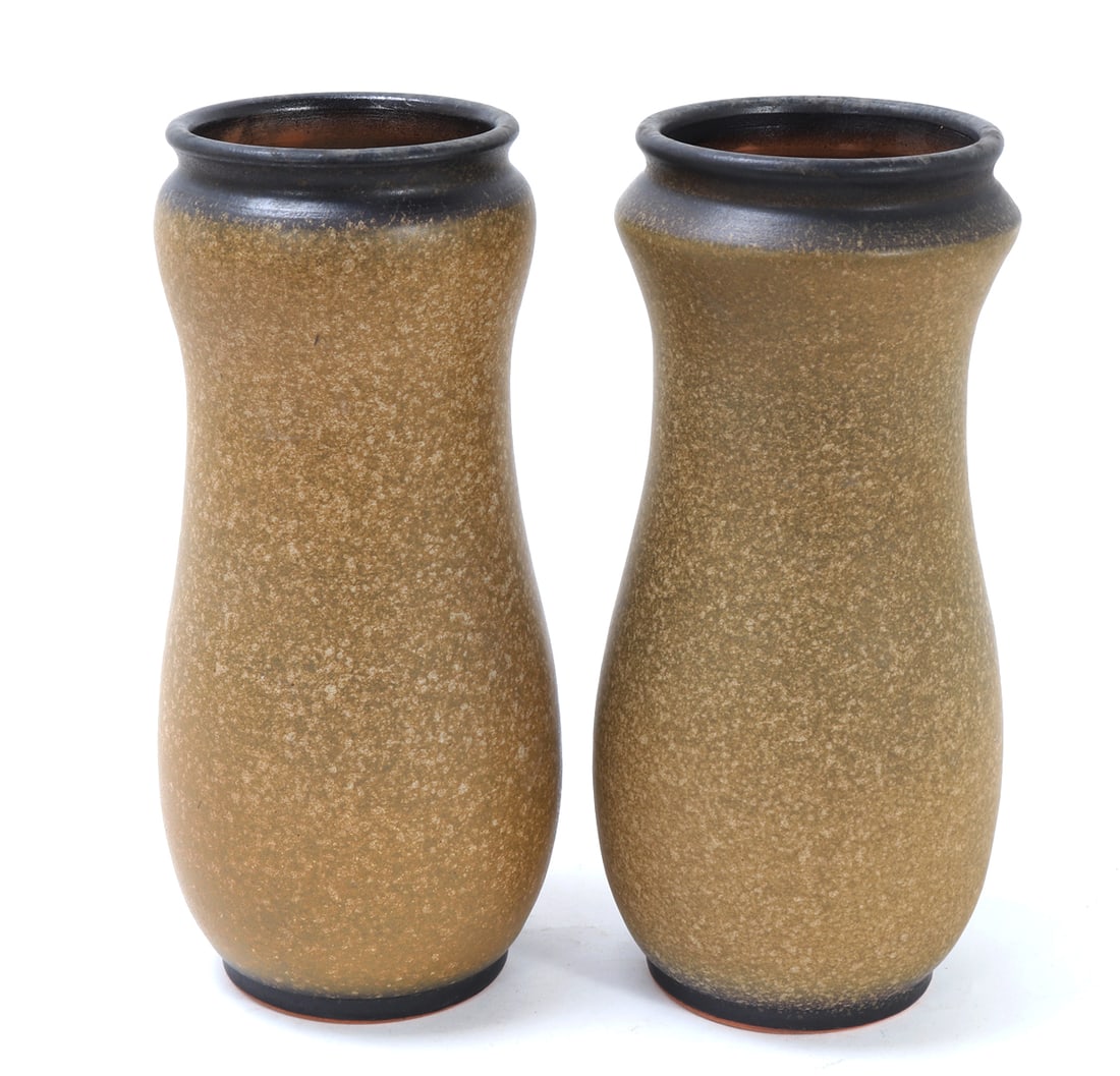 Pair of Brown and Black Glazed Vases: Pair of porcelain matte glazed vases in a hourglass shape, black ringed base with a matching black ring rim. Size of each 12 1/4" H, weight together 4 lb.