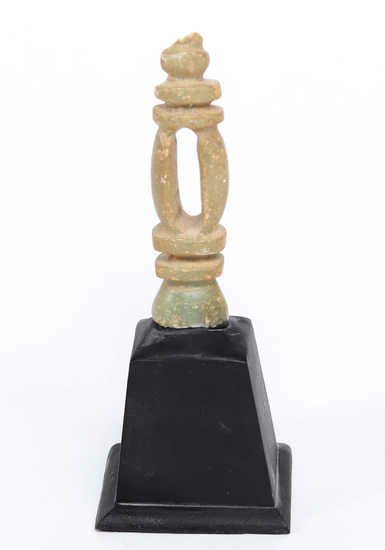 Mezcala Light Green Hardstone Temple: Mezcala light green hardstone temple affixed to black base. Size stone 3" H