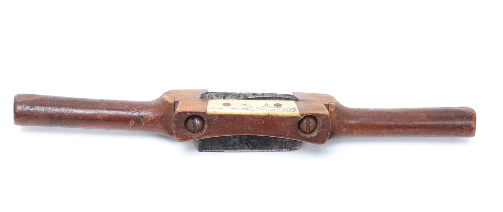 Alaskan Bone Scrimshaw Spokeshave Knife: Alaska, Spokeshave knife in wood with brass and bone. Bone panels engraved with fishing vessels and a scene whales. Size 10 3/4" LEx-USA Collection