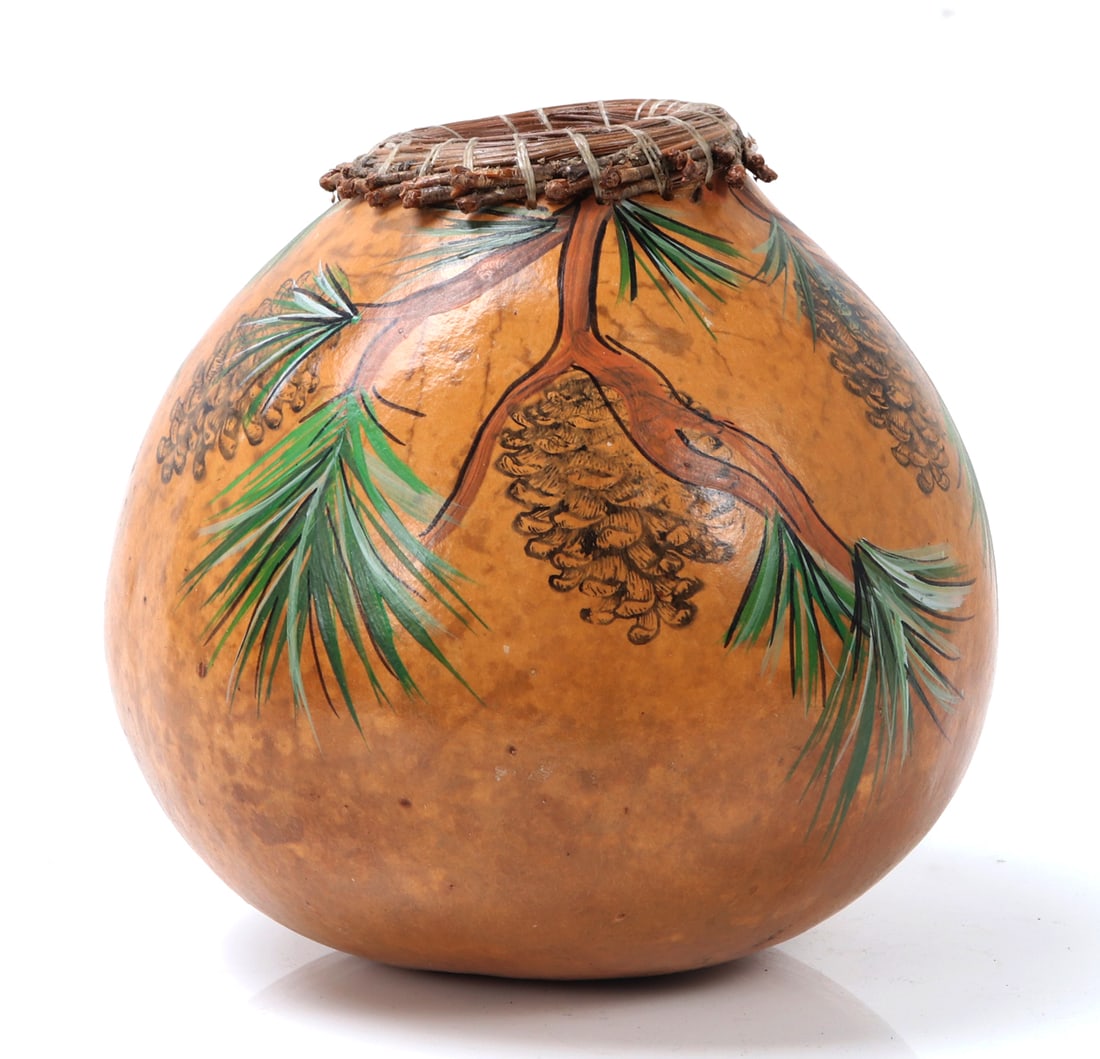 Folk Art Painted Gourd Storage Vessel: Nicely painted and preserved gourd storage vessel with a rattan or thatch ringed rim. Decorated with pine trees and pinecones all around the body. Size 7" L x 7" W x 7" H, weight 132g