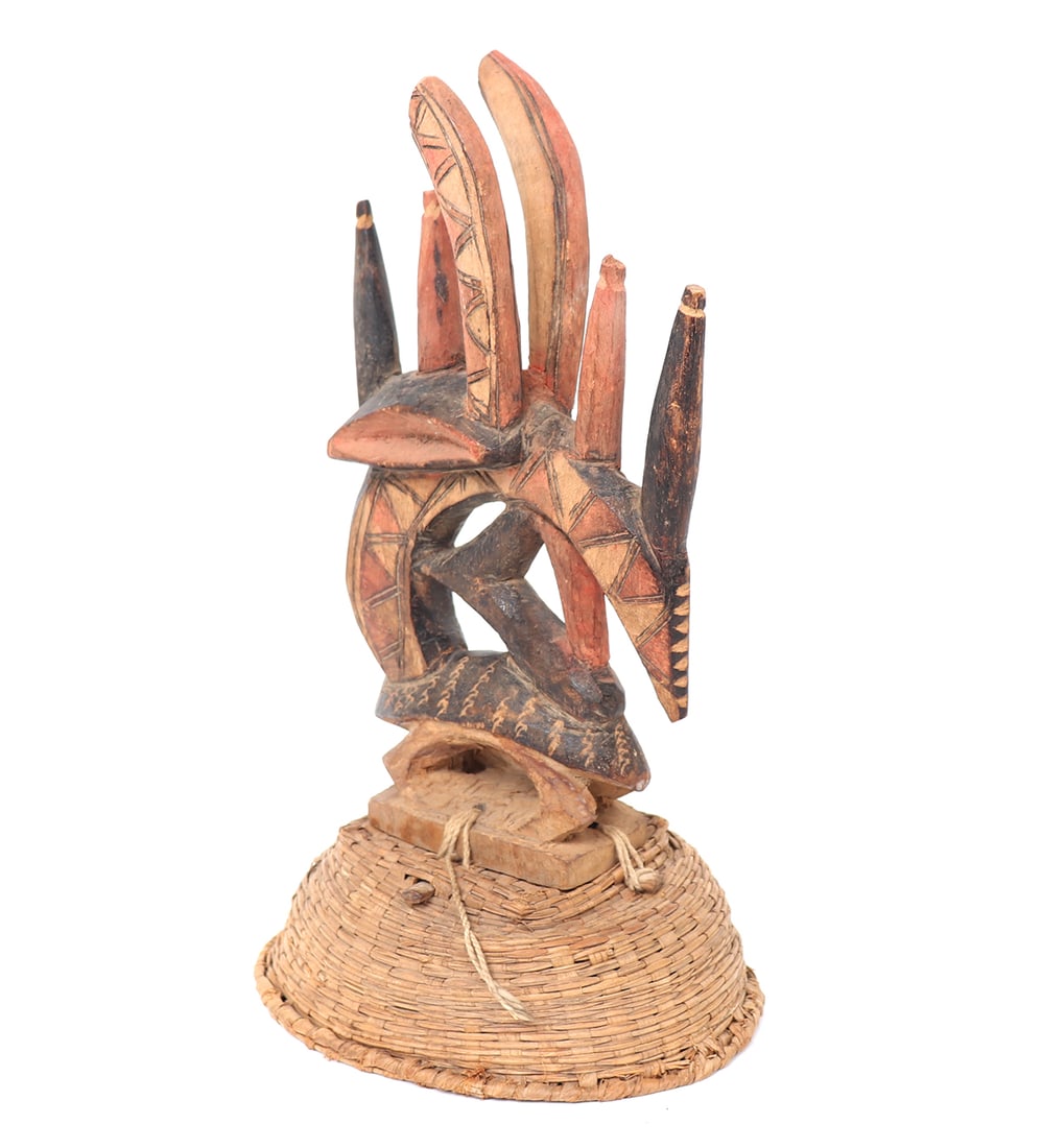 Lovely Antelope Dance Crest, Chi-Wara: Bamana, Mali. Early dance crest with a hand carved polychrome painted antelope to the top. Fiber woven crest or top to be affixed to the head during ceremonies including those for fertility and crop