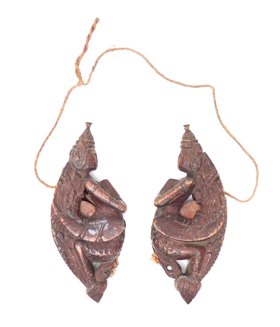 Pair of Wood Carved Burmese Plumb Line: Burma, Myanmar wood carved plumb line carpenter tools. Plumb lines were invented originally by the Egyptians over 4,000 years ago. A plumb line is a weight suspended from a string that's used to