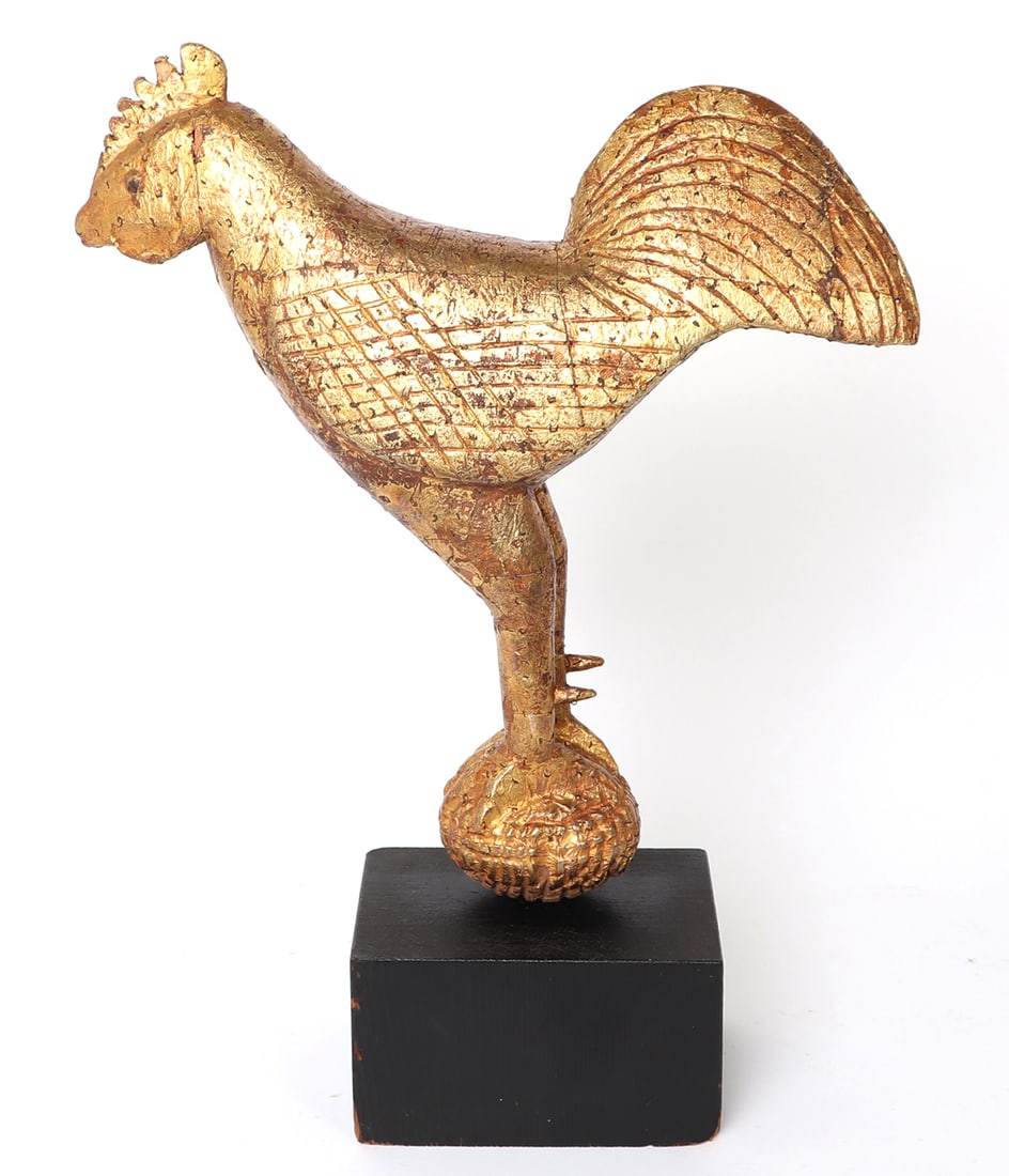 Asante Gold Linguist Staff Finial (Akyeame Poma): West Africa, Ghana and Cote D'Ivoire, Akan peoples. Linguist staff circa 1950s or earlier. In gold leaf over wood depicting a cock or rooster. The staff bearers or Akyeame(linguist) is the orator for