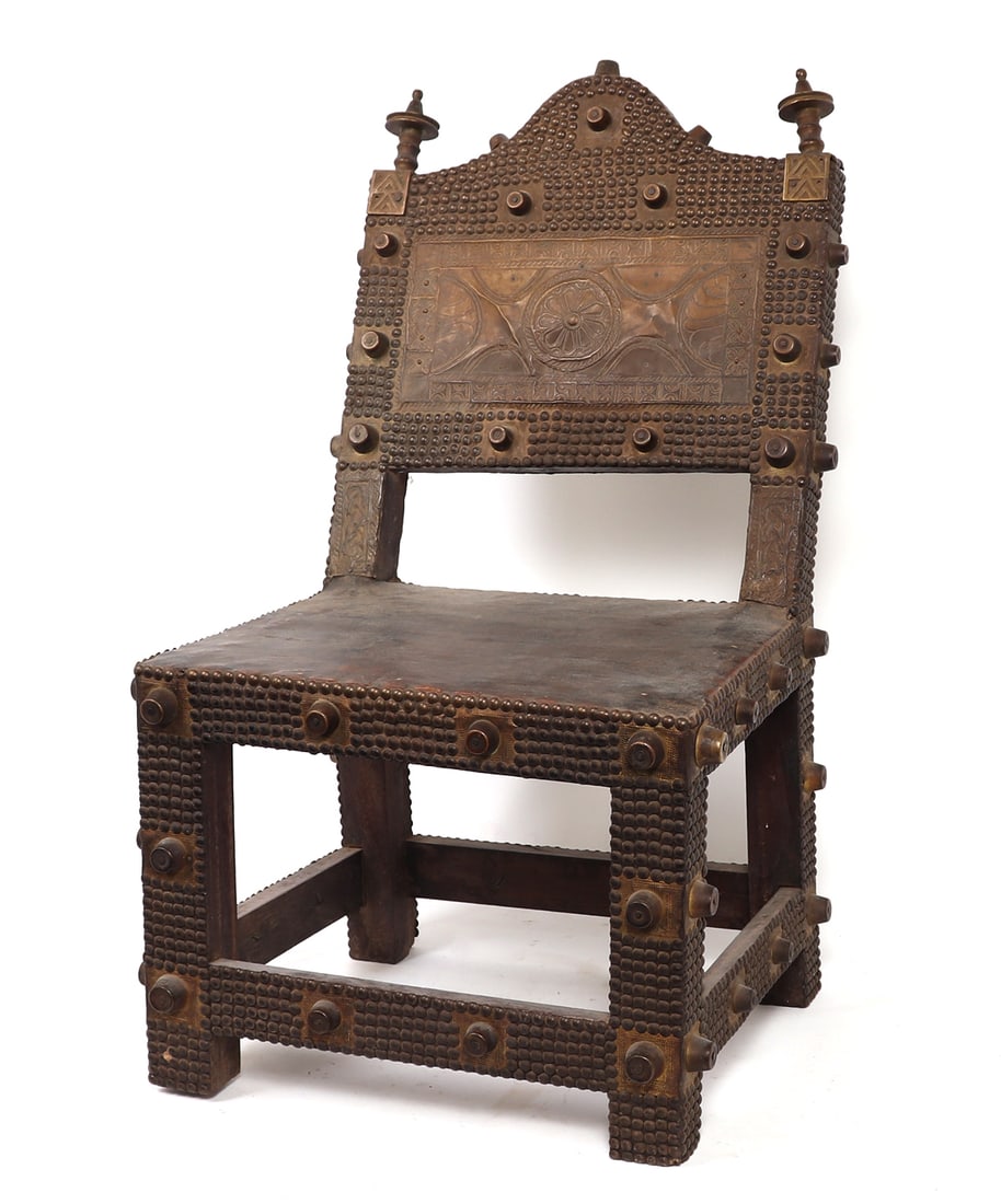 Excellent Asante Royal 'Asipim' Court Chair: West Africa, Ghana, Asante Royal court throne chair known as an Asipim or stand form royal chair of the Asante court. Exclusively used by chiefs and court figures with innumerable European brass