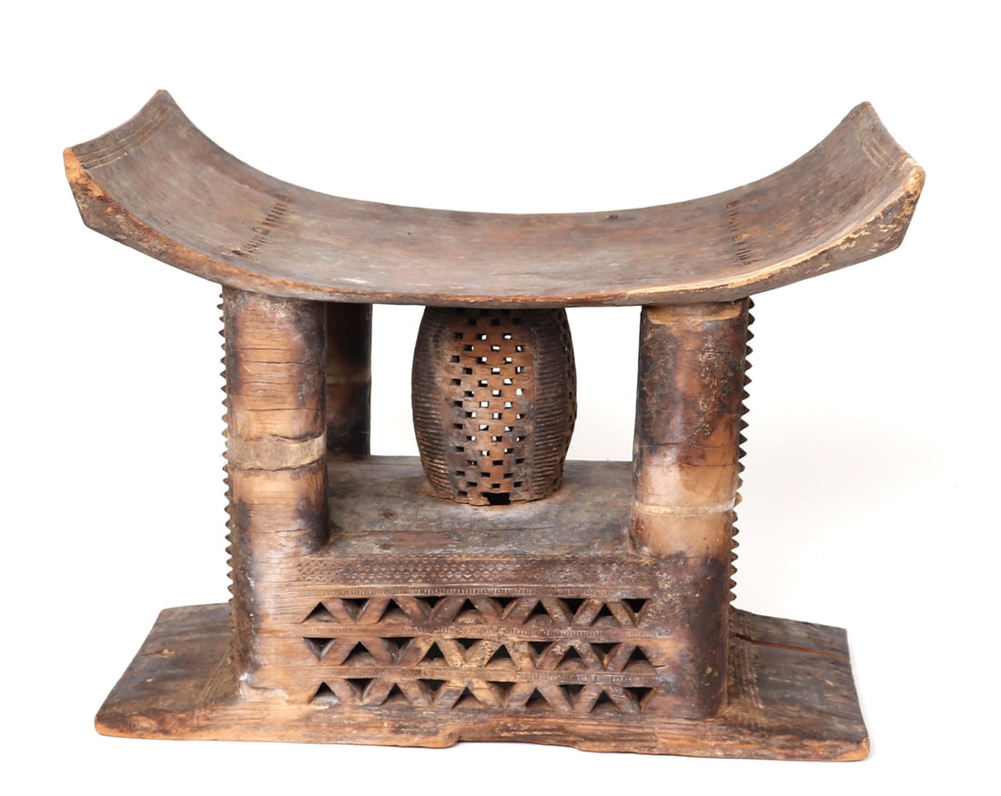 Asante Seat of Power Stool, Early 20th c: West, Africa, Ghana and Cote D'Ivoire, Akan cultures, Asante peoples likely early 20th century. Early seat was one of the most important type of court regalia the complicated variations and