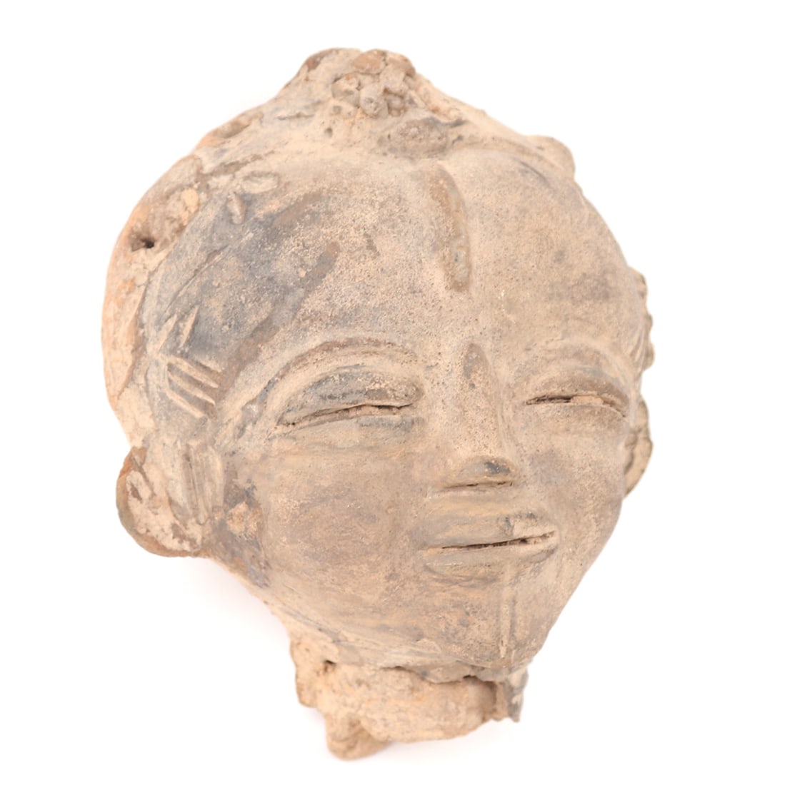 Akan "Tete" Terracotta Head, Ghana: West Africa, Ghana, Akan cultures. "Tete" terracotta memorial head of a woman with scarification to various facial features. Eyes and mouth slightly agape or almost closed with intricate hair. Cast wi