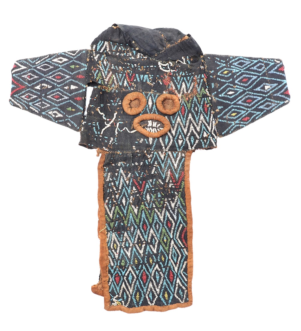Kuosi Society Elephant Mask, 20th century: Africa, Various regions, primarily Cameroon, Bamileke Peoples 20th century African beaded Elephant mask with beaded decoration over linen and raffa. Open to the face with eye holes and mouth opening