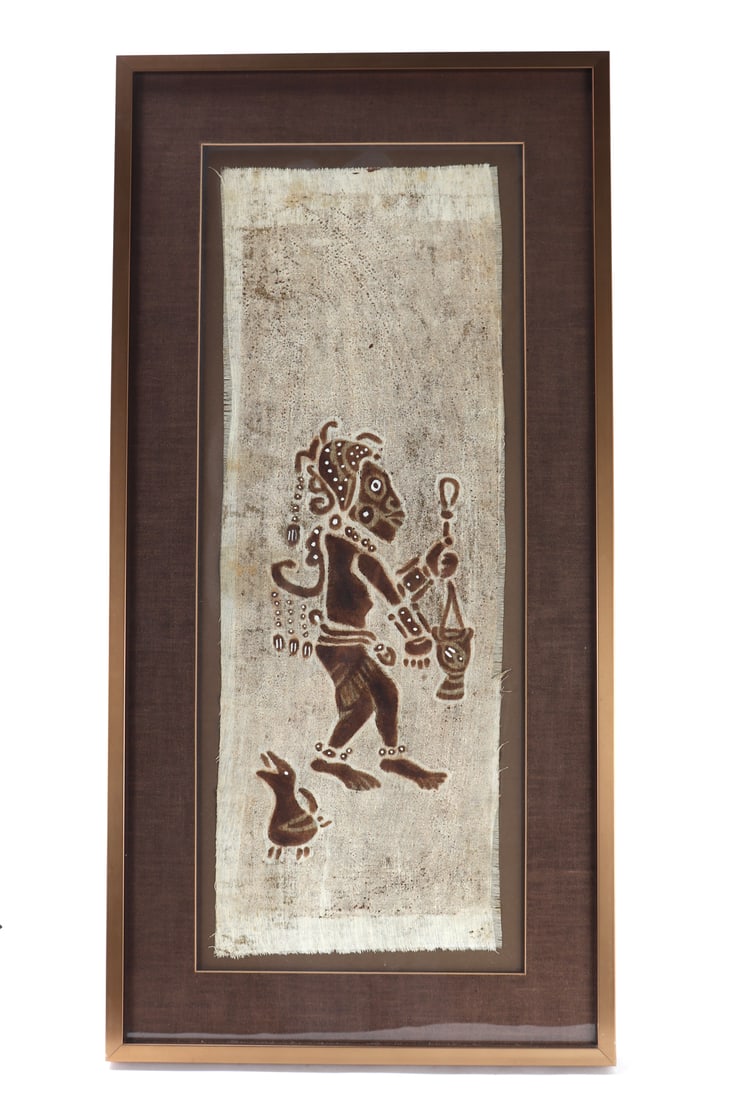 Kenyan Tar Painting, 1970's: 1972 Kenyan tar painting of a man feeding birds, wearing elaborate headdress. Carrying a vessel with feed, with a bird following along with belt and jewelry. Size 36 3/8" L x 18" W (frame) tapestry