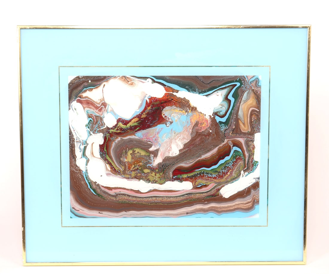 Oil on Glass Mixed Media: Lovely oil on glass mixed media by Creation Designs trade marked, and signed. With an obscure scene the viewer can interpret their own meaning behind the piece. Colors ranging from browns, blues,