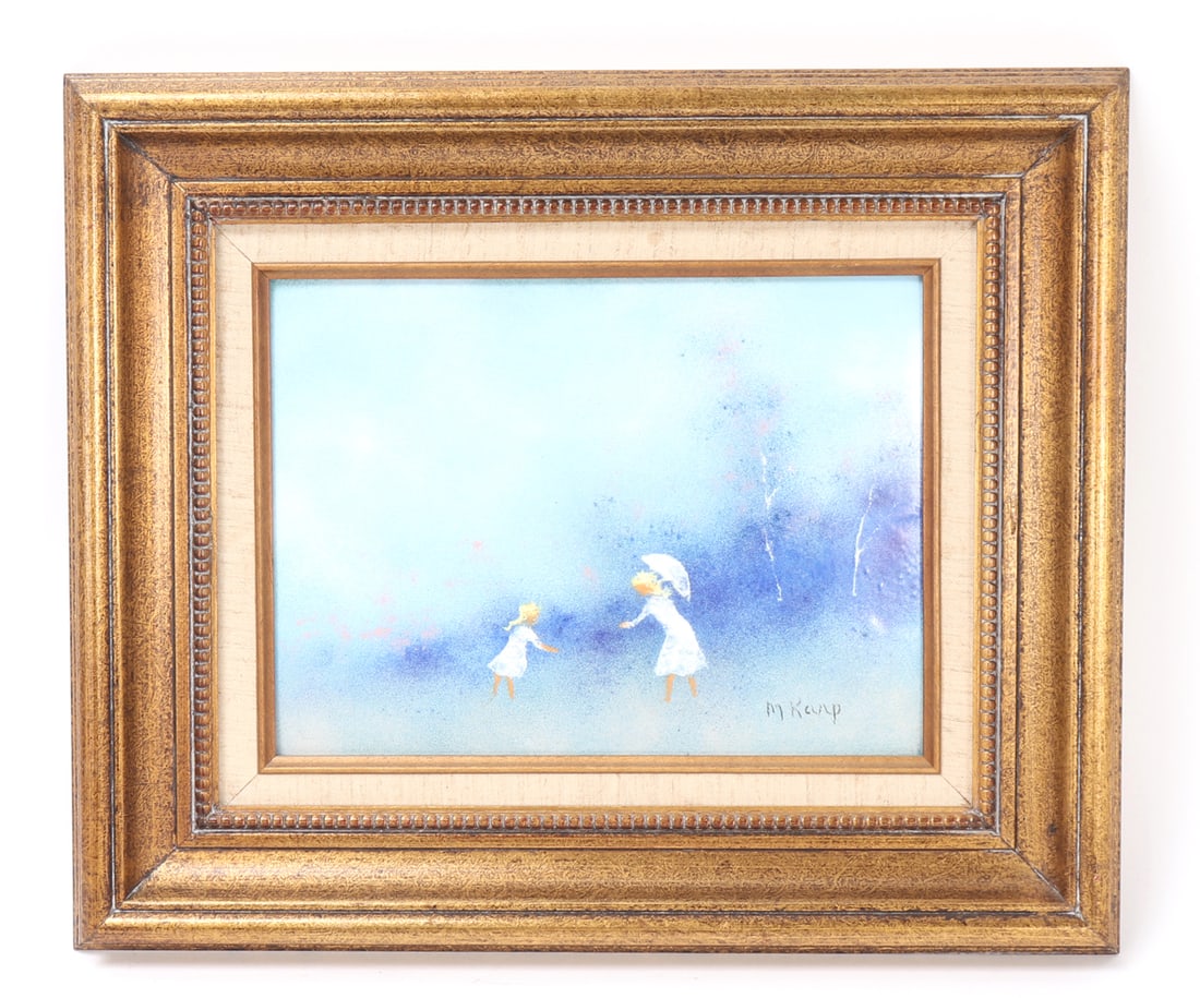 Original Max Karp (1918-1999) Enamel on Copper, Mother & Daughter: Lovely enamel on copper painting depicting a beautiful mother and daughter in a field just as the weather is turning to a rain storm. The duo wear white dresses, mother is reaching out her hand to