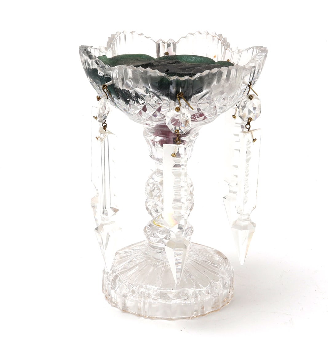 Beautiful Vintage Glass Bobeche Candlestick: Lovely vintage glass bobeche candlestick with dangling prisms and wonderful diamond cut shaft. Size 6 1/4" H, weight 829 g