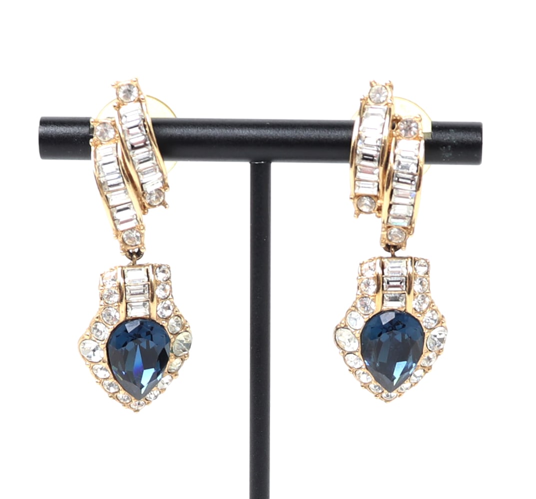 Attwood & Sawyer Sapphire Blue Crystal Drop Earrings: Stunning pair of vintage, designer brand earrings made by The Attwood & Sawyer Company. These earrings have a high-quality, rhodium plated finish and are set with clear and blue glass crystals.