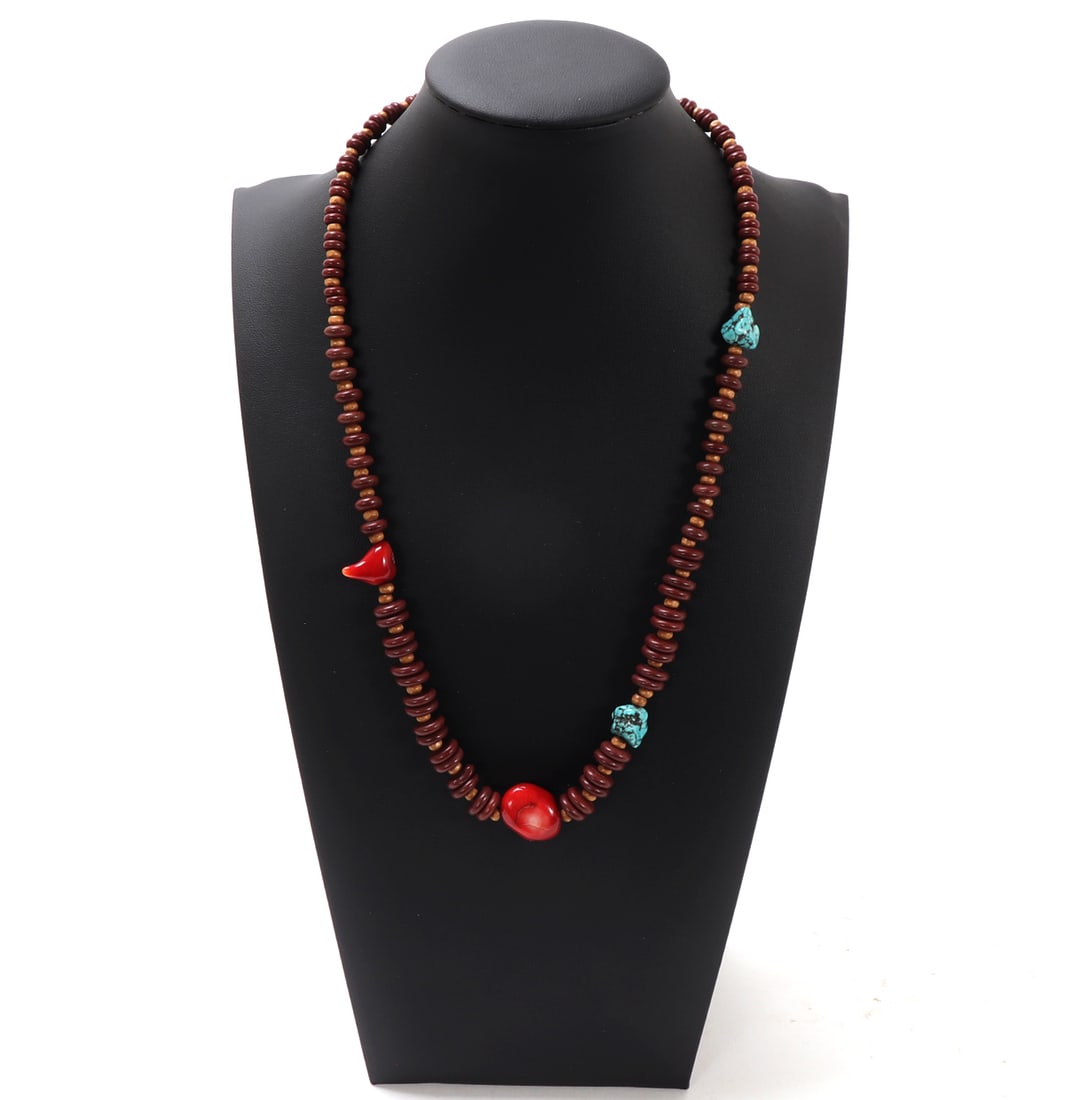 Unique Turquoise, Coral & Wood Beaded Necklaces: Beautiful unique handmade necklace including wood rounded and disc shaped beads, with two pieces of bright red coral and two pieces of natural turquoise beads. Size 20 1/2" L