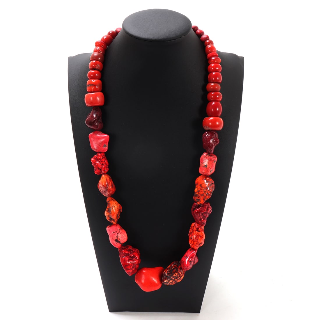 Gorgeous Bright Red Coral Chunky Necklace: Beautiful bright red chunky coral necklace in various shapes and sized. Each with unique natural root marks and polished smooth for wearability. Size 23" L