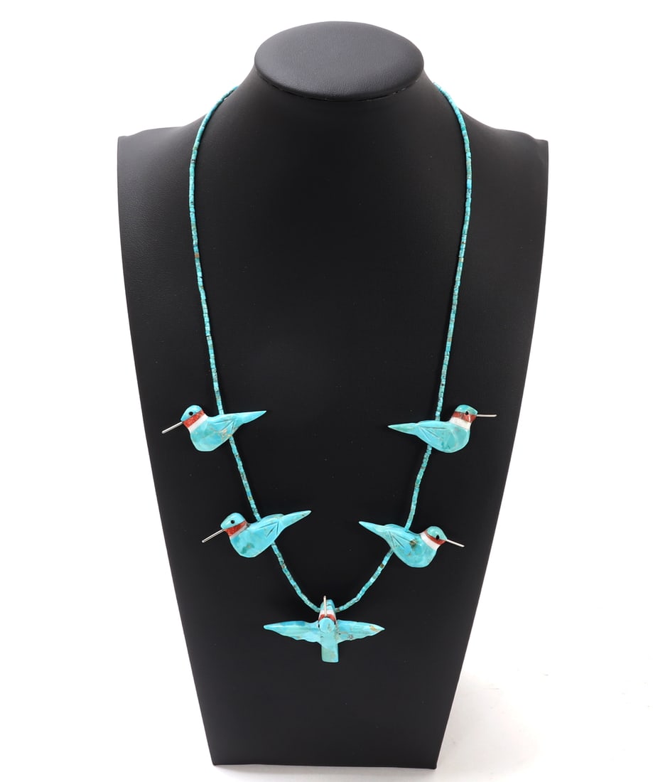 Gorgeous Turquoise Hummingbird Necklace: Wonderful turquoise, coral and jet hummingbirds strung together with tiny turquoise accent beads throughout. Size 22 1/2" L, pendant 1 7/8" L