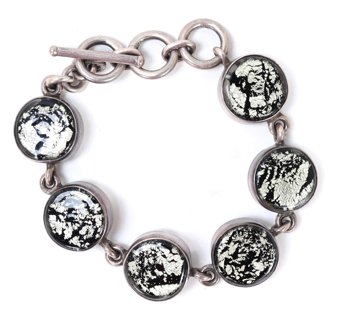 Gorgeous Original Italian Murano Glass Beaded Bracelet: Gorgeous hand made Murano glass beaded bracelet with six incredibly unique colored and speckled beads. Black with silver flakes throughout each bead. Marked 925 to the bar clasp. Size 8 5/8" L