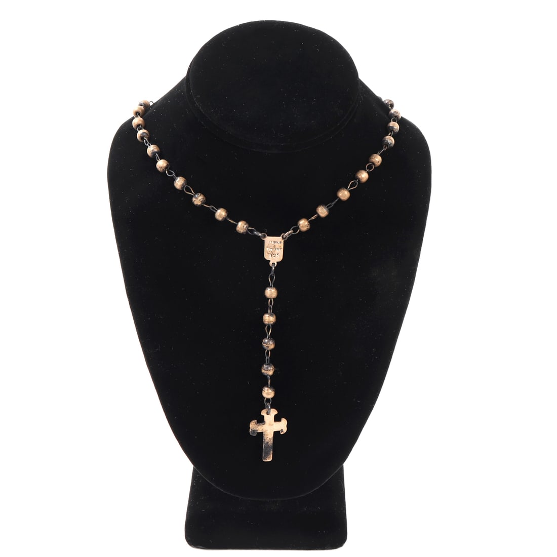 Lovely Handmade in Mexico Copper & Brass Rosary: Finely crafted handmade rosary necklace from Mexico. Small cross to the center with dozen of miniature copper and brass spherical beads. Marked Mexico TM-186 and 925. Size 31" L, Pendant 4 3/8" L