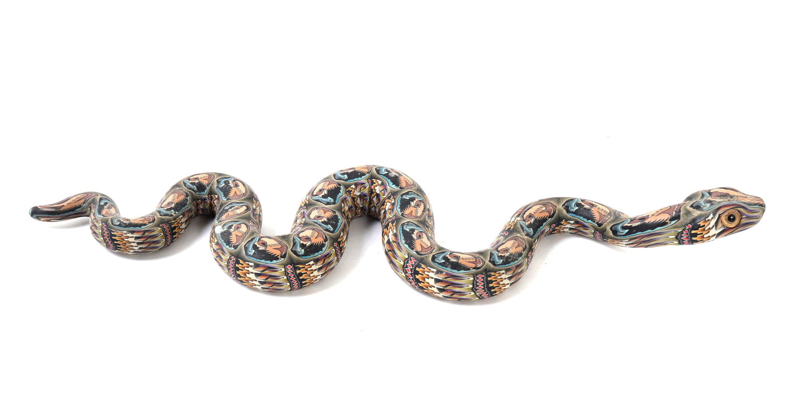 Fantastic Jon Anderson Polymer Clay Serpent: Incredible handmade snake comprised of a multitude of colors throughout. All colors included are individual sections of polymer clay, nothing is painted. Glass style brown eyes peak out with a