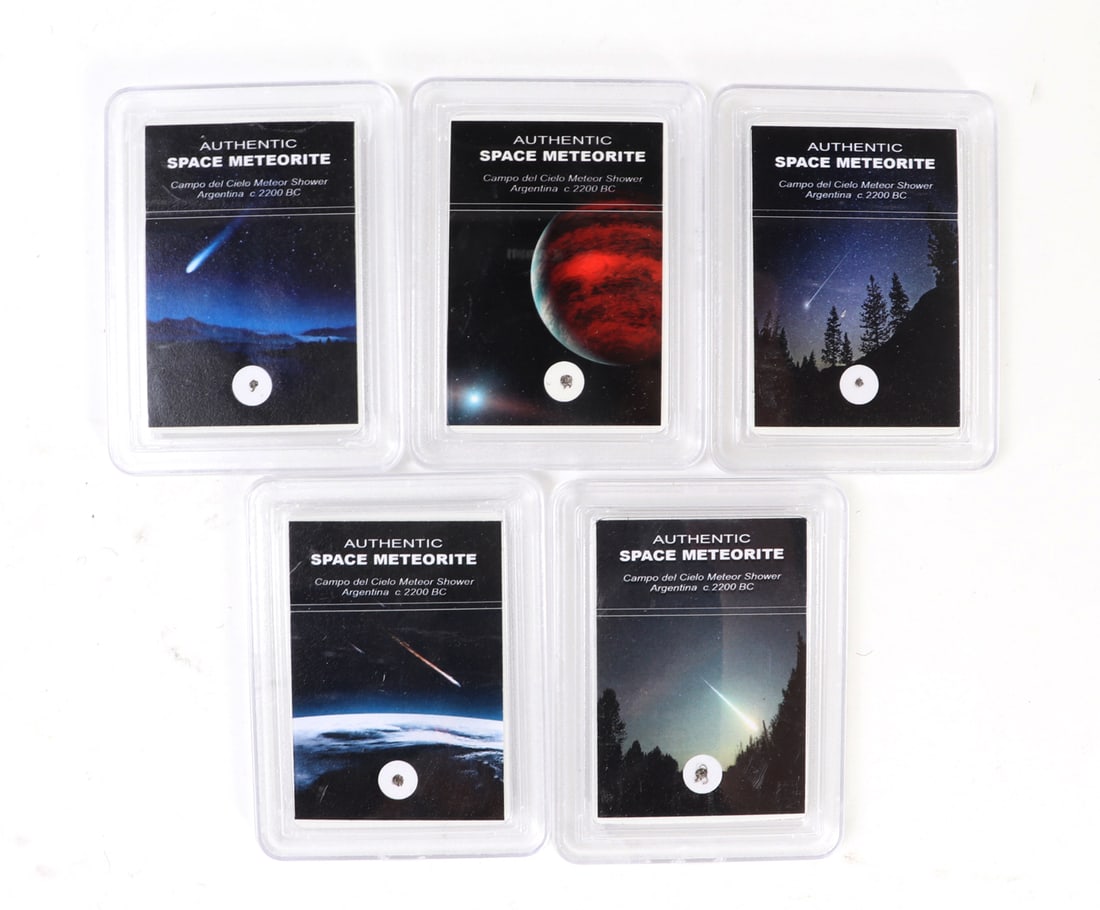 Wonderful Collection of Campo del Cielo Meteor Specimens: Beautiful collection of cased meteorite specimens from the Campo del Cielito meteor sight. Each well preserved in a custom plastic case. Size of each case 2 3/8" W x 3 1/8" L