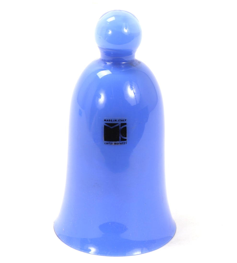 Gorgeous Original Carlo Moretti Bell: Beautiful bright blue or periwinkle colored original Carlo Moretti Murano glass bell with a small rounded finial for gripping. Perfect for a table bell or for display in natural light to let the