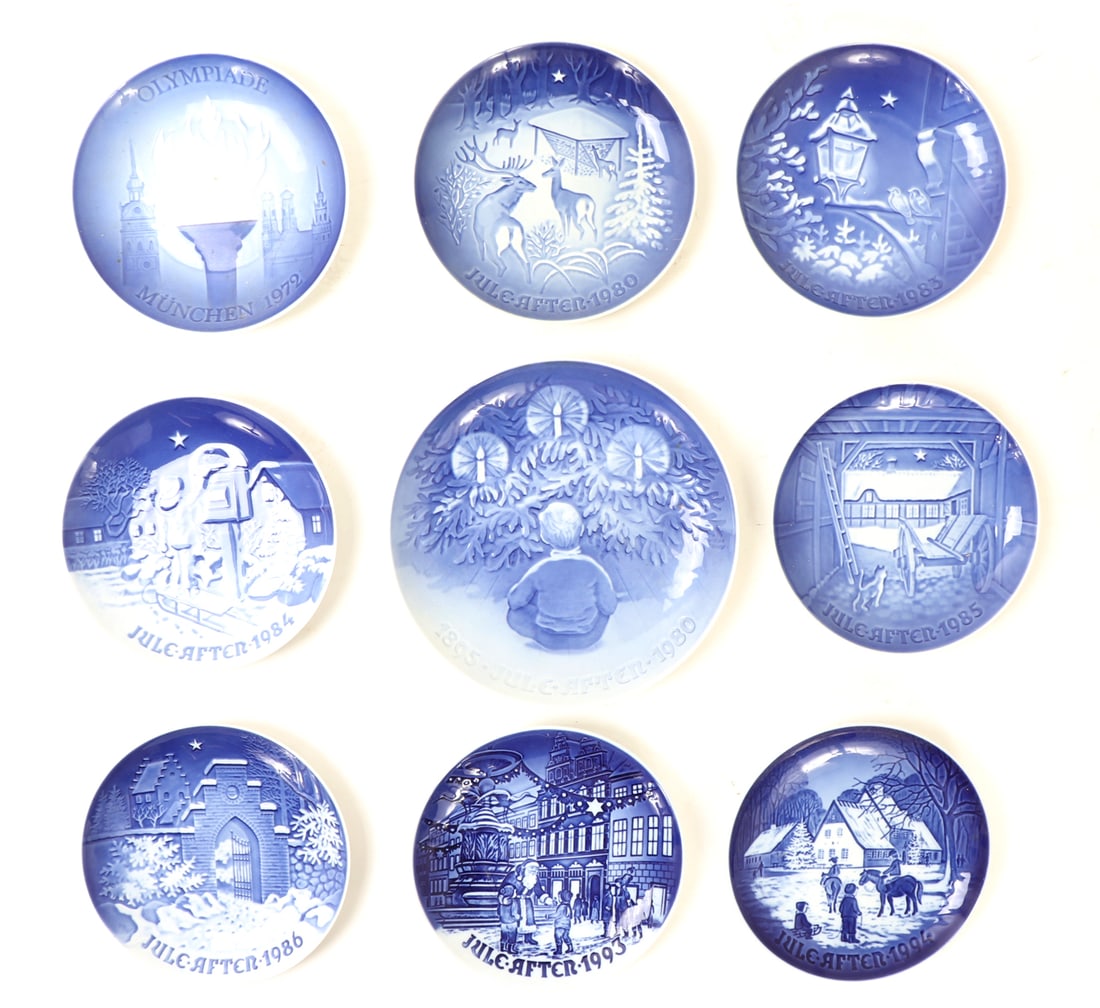 Lovely Collection of Holiday & Winter Original Jule Aften Plates: Beautiful collection of hand painted Bing & Grøndahl Danish porcelain plates. Each depicting a lovely winter scene including a child at Christmas meeting Satna Claus, deer in snow and more. Each