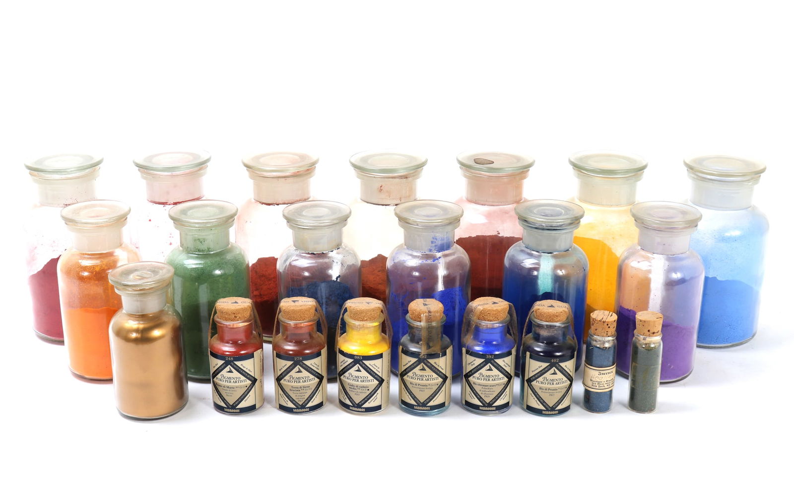 Collection of 22 Original Maimeri Puro Pigments: Fine wide range of twenty two artist's pigments from the Italian brand Maimeri. The bottles contain pure, concentrated pigments designed for various art applications like fresco painting, icon
