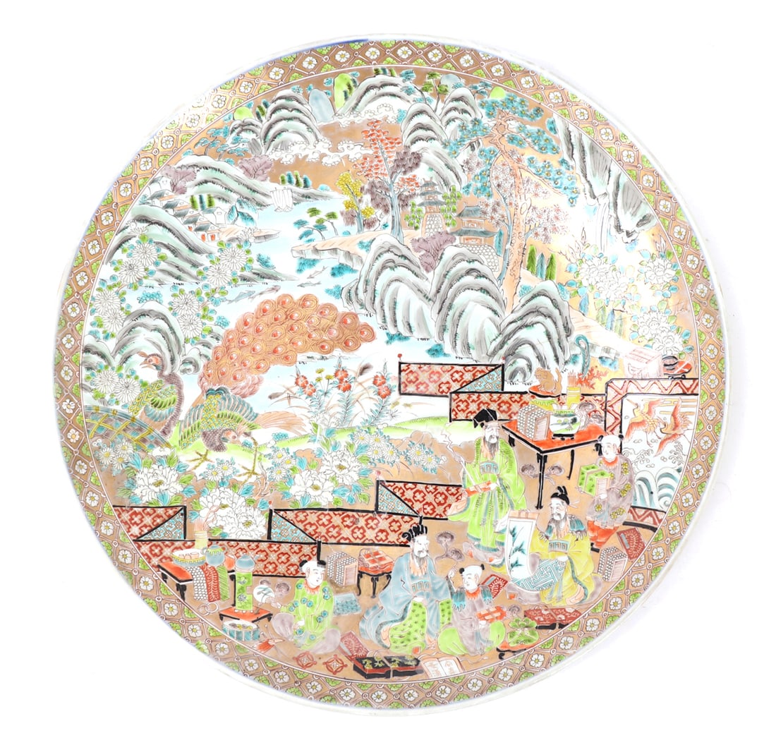 Beautiful Japanese Imari Porcelain Charger: Lovely large Japanese porcelain charger with vibrant colors and intricate patterns characteristic of 19th-century Imari ware throughout. Detailed landscaping and figural scene with rich cobalt blues,