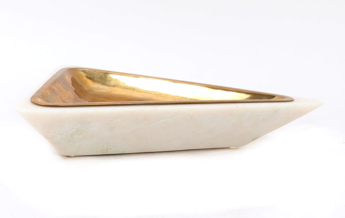 Lovely White Marble and Copper Triangular Tray: Fine white marble triangular base with a hand hammered copper tray to match the marble base. Each piece hand made in India. Size 13 7/8" L, weight 10 lb. Please note this piece is decorative only
