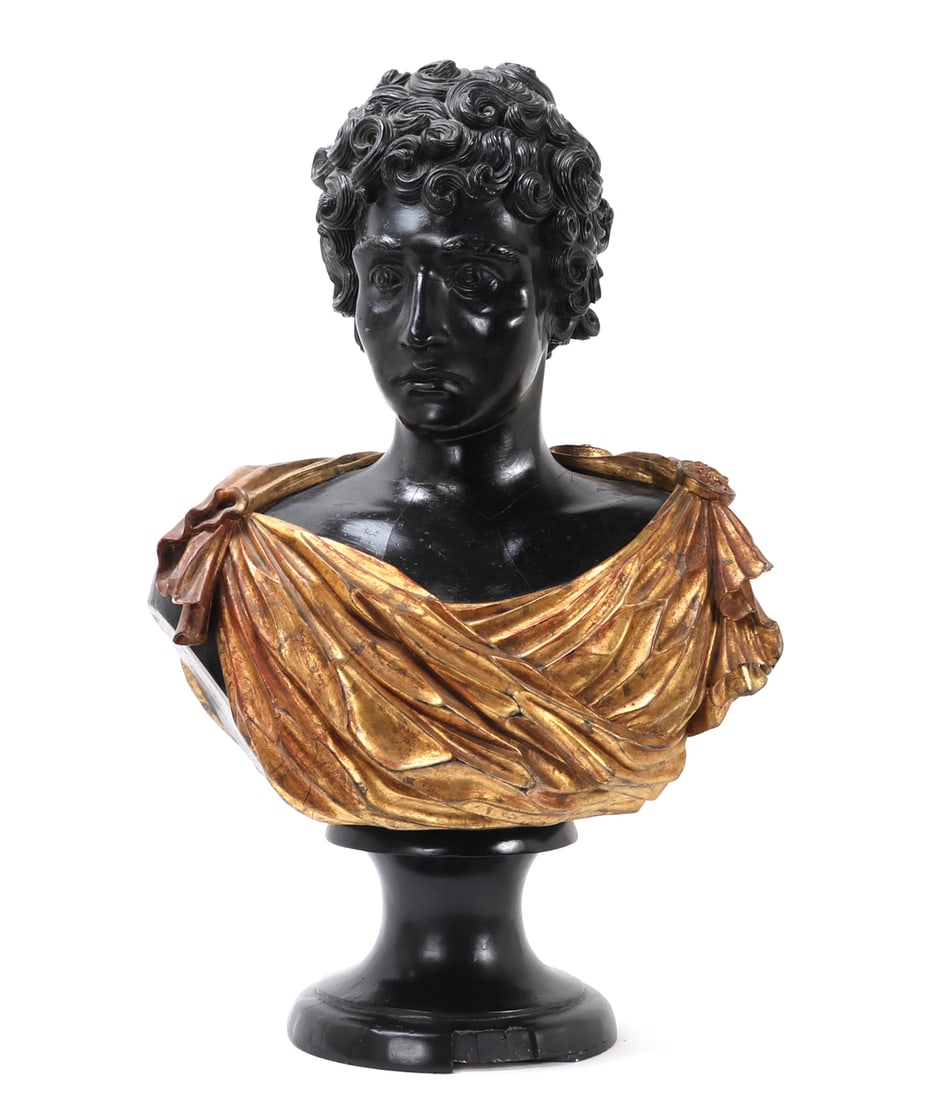 Bust of Julius Cesar in Lacquered Wood: Bust of Julius Cesar draped in golden lines atop a plinth. Carved wood with lacquer or Gessoed plaster. Size 29 1/4" H , weight 59 lbs. 13 oz