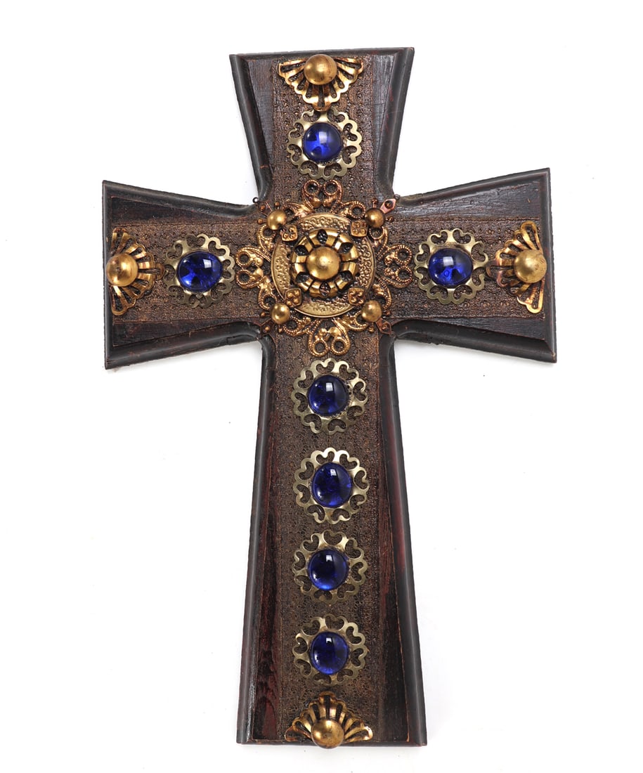 Lovely Vintage Wood Cross with Applied Gem Style Stones (1 of 5)