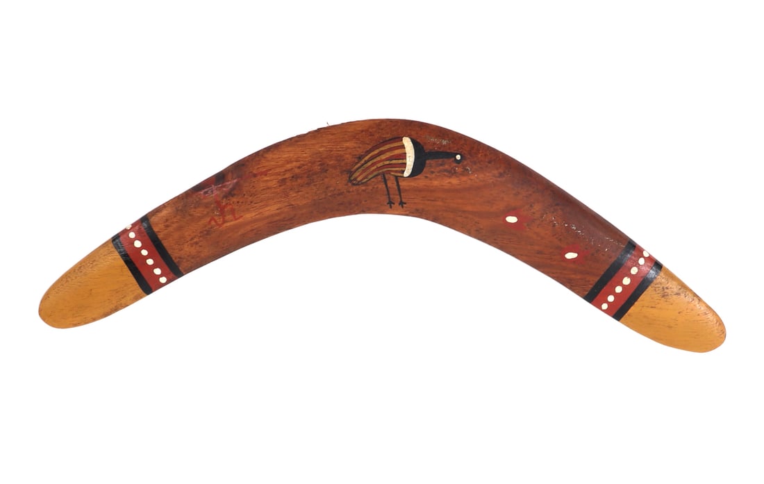 Beautiful Hand Carved Wood Boomerang: All natural wood hand carved boomerang, decorated at each end with black bands, a red central stripe and white dots. Emu to the center painted with yellow and red stripes with white banded shoulders