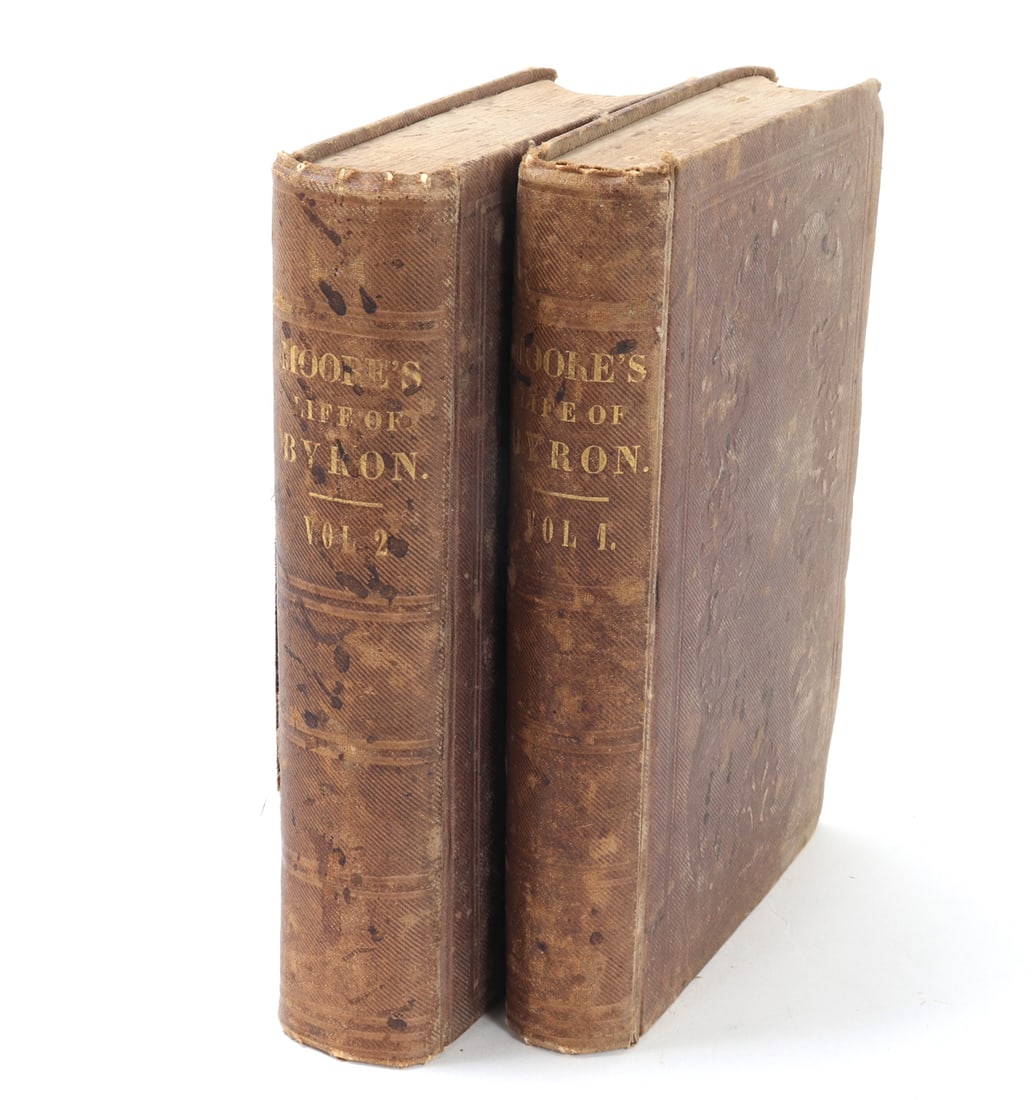 Volume One & Two of "The Life of Lord Byron": Letters and journals of Lord Byron, with notices of his life, two volumes, by Thomas Moore,1831. Brown bound hardback with gold writing on the binding and lovely detailing to the covers. Size 8 1/8"