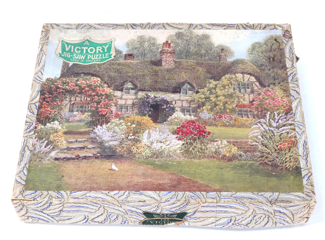 Beautiful Original Victory Jig-Saw Puzzle: Original antique jig saw puzzle made in England with amazing wood cut puzzle pieces. Lovely landscape scene in the Fall along the countryside. Size Puzzle 15" L x 10" W, Box 11 1/8" L x 9 1/8" W x 1
