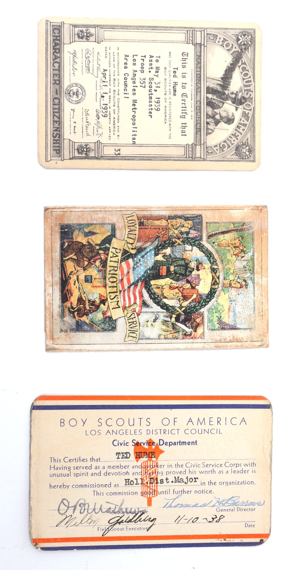 Trio of Boy Scouts of America Memorabilia: Group of boy scouts of America memorabilia cards including a registration card, a promotion for Ted Hume to Assistant Scoutmaster in May of 1939, and a confirmation that Ted Hume served as a member an