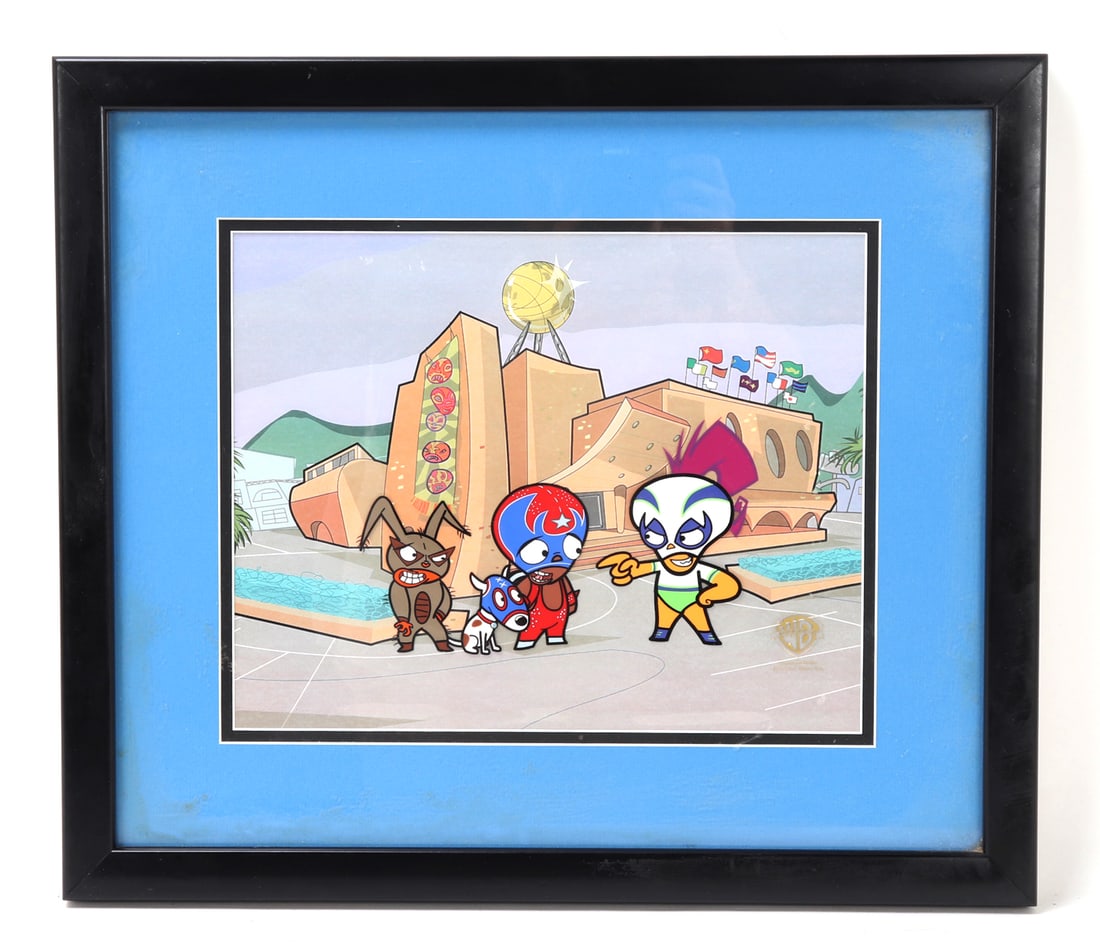 Warner Bros "Mucha Lucha" Animation Cel: From the first ever, all-flash animated broadcast television series "Mucha Lucha" framed animation cel from Warner Bros. Featuring Rikochet, Buena Girl and The Flea in vibrant colors throughout. Hand
