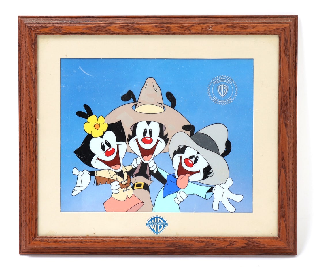 Warner Bros.' "Animaniacs" Sericel: Wonderful framed sericel featuring the characters Yakko, Wakko, and Dot from Warner Bros.' Animaniacs cartoon. Size 14 3/8" L x 12 3/8" W, sight 10" L x 8" W