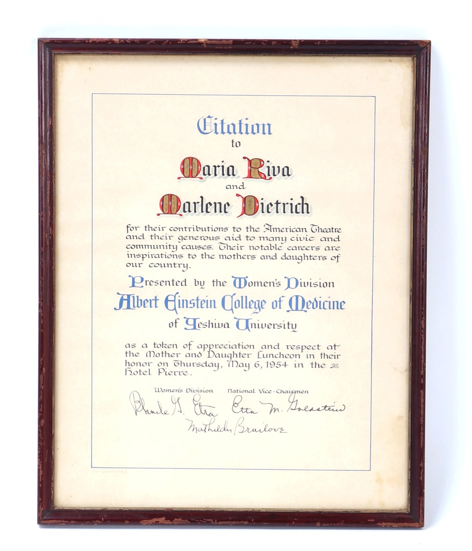 1954 Citation of Appreciation to Maria Riva & Marlene Dietrich: Marlene Dietrich (1901-1992), a German-American actress and singer. She was honored alongside Maria Riva by the Women's Division of the Albert Einstein College of Medicine of Yeshiva University for