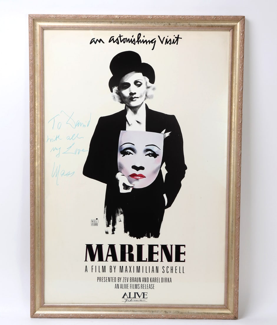 Marlene Documentary Framed Poster: Framed poster of the film Marlene, which is a 1984 West German documentary film co-written and directed by Maximilian Schell about German-American actress Marlene Dietrich. Size 42 1/2" L x 29 1/2"