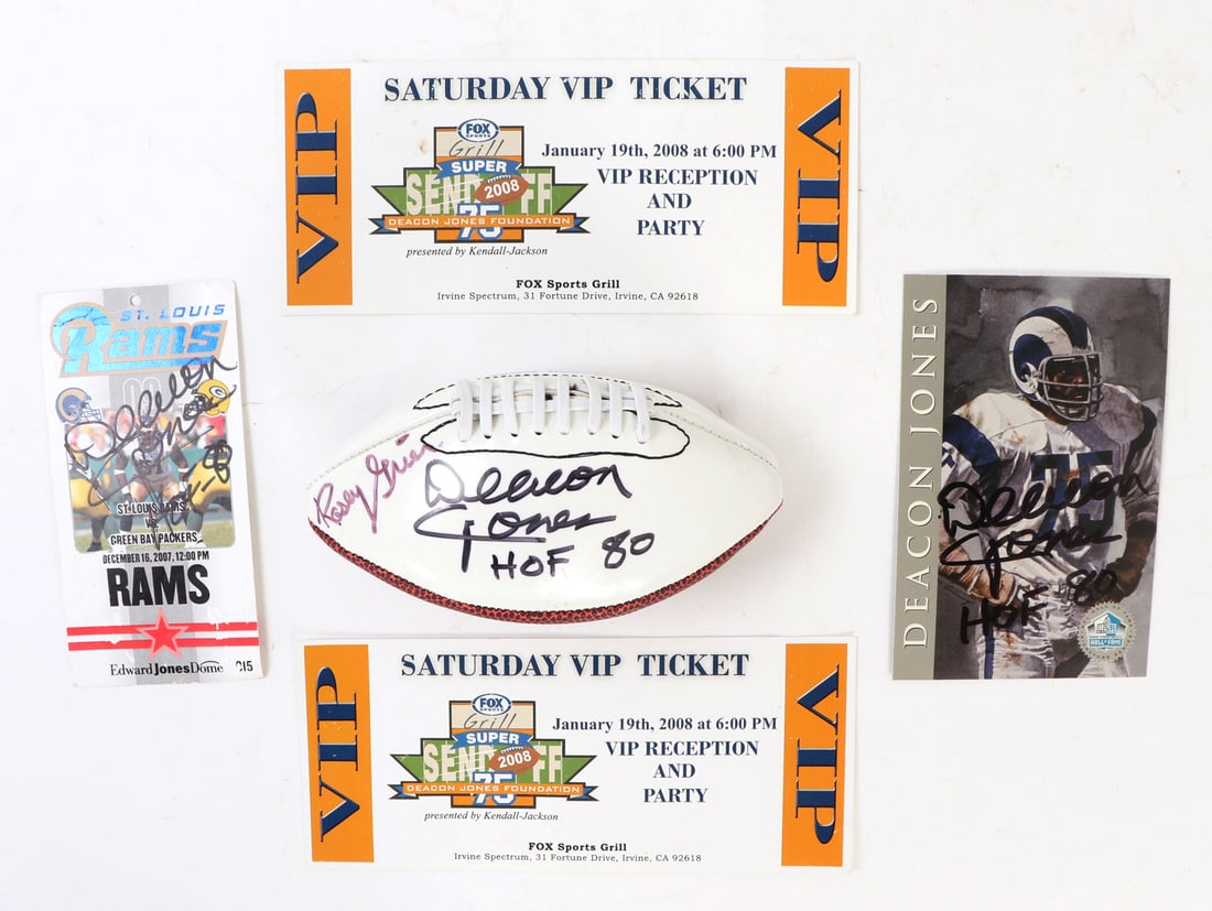 Group Lot of Deacon Jones & Rosey Grier Sign Paraphernalia: Great collection of sports paraphernalia including two original VIP tickets to the 2008 super bowl showing, a Rams vs. Packers signed badge by Deacon Jones, and a Deacon Jones signed trading card.