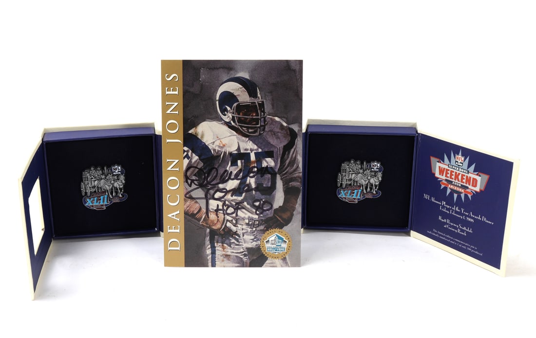 Signed Deacon Jones Card & Two Superbowl XLII Pins (1 of 10)