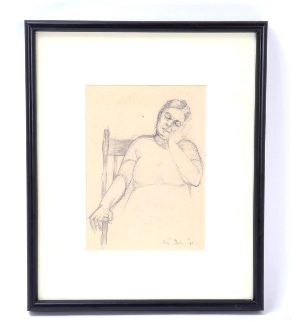 Original Pencil Sketching, Signed Bottom Right: Nice pencil sketching of a woman at rest in a wood chair, her head resting in her hand. Signed and dated bottom right, '31. Size 15 1/2" L x 12 5/8" W, Sight 9" L x 6 1/2" W