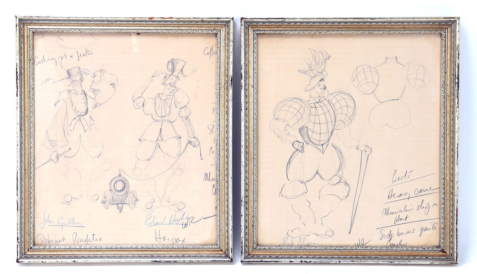 Pair of Original Costume Design Artist Work: Lovely pair of original artist sketches of costumes for either a movie, TV show or other special event. Size of each 15" L x 13" W, Sight 13" L x 11" W