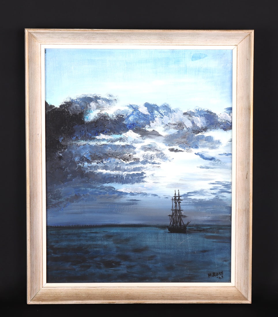 Signed Seascape & Boat Painting: Large seascape painting with ocean view and triple mast tall ship in view. Painting 19 1/4" H x 15 1/4" W, in frame 22 1/4" H