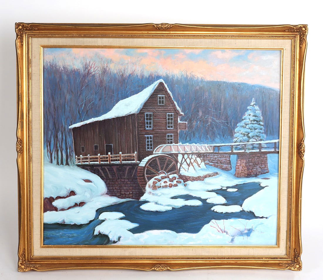 Acrylic Vintage Winter Landscape Painting: Acrylic winter on the river scene painted on masonite board with a gilt frame. Size 28 1/4" W x 24 1/4" H in frame, image 23 1/2" W x 19 1/2" H.
