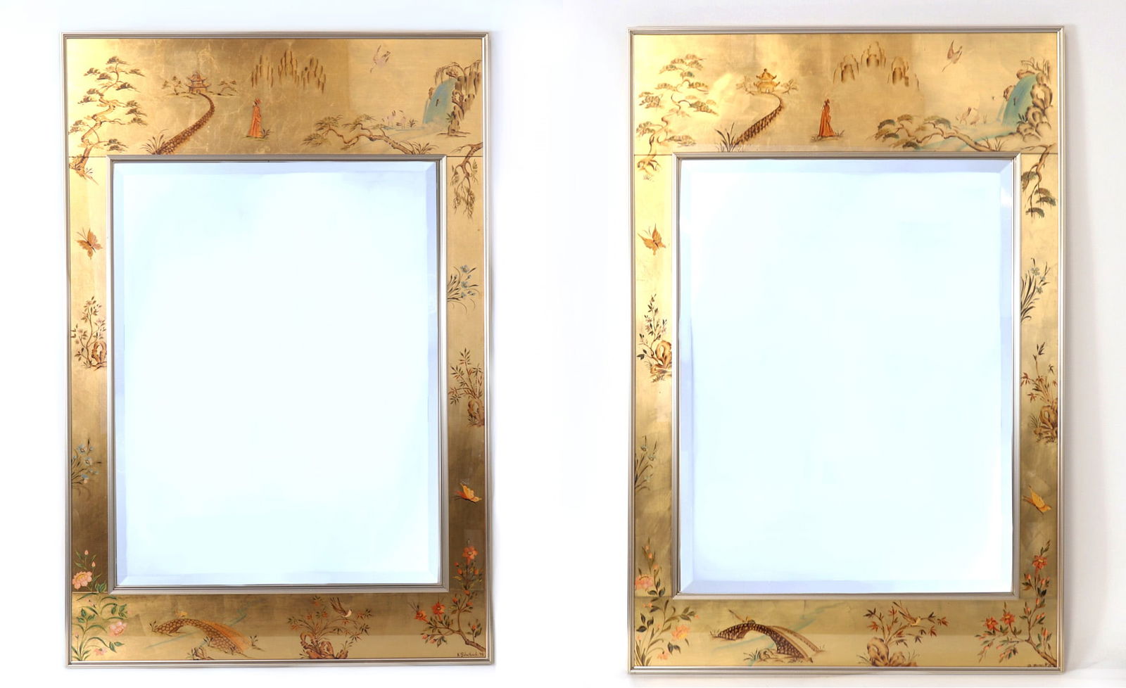 Pair of LaBarge Hand Painted Chinoiserie Wall Mirrors, Signed: 1970's hand painted pair of LaBarge chinoiserie mirrors with intricate decoration depicts traditional Chinese landscapes, figures, and floral motifs in gold, red and green tones. The shaped frame is
