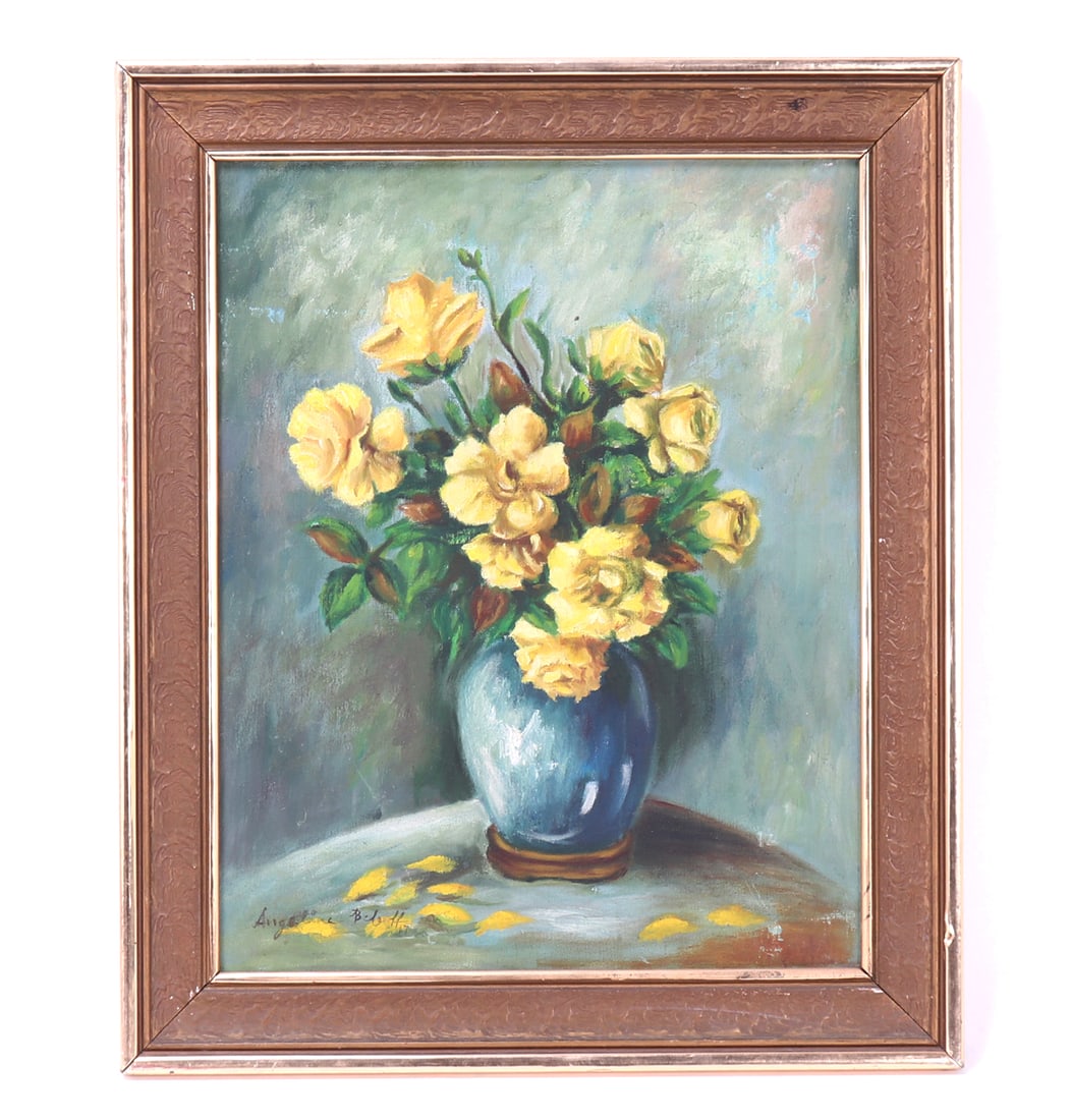Angelina Beloff (1879-1969), Oil on Canvas: Untitled oil on canvas by Russian born artist Angelina Beloff 1879-1969. Beautiful original oil on canvas still life of yellow roses in a blue porcelain vase with a custom wood base. Lovely golden