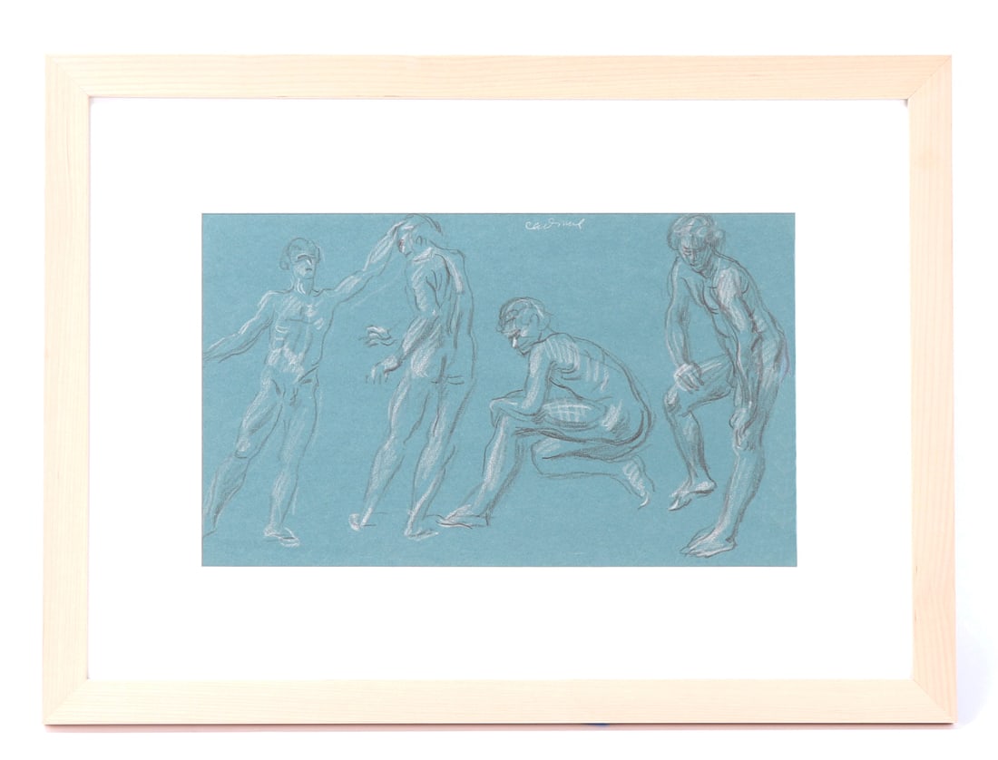 Paul Cadmus (1904-1999) Figure Studies on Blue Paper: American, Paul Cadmus 1904-1999. Dynamic and expressive life study by the late artist Paul Cadmus. Paul's piece here features five gestural sketches of the male nude rendered in white chalk and black