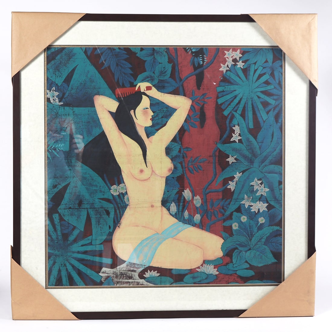 Chinese Woodblock Print of a Woman in the Nude: Very stylistically similar to the work done by Hao Ping (1952-present) a woman brushes her hair on the jungle floor among lily pads, flora and dawn redwood trees. This piece is unsigned on the face