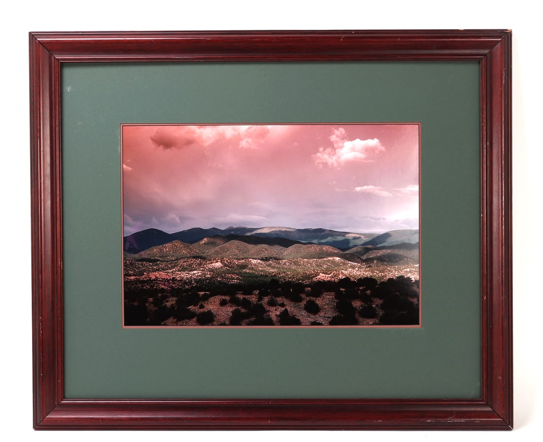 Beautiful Landscape Photograph: Lovely framed photograph of a dessert landscape at sunset with bright pink skies, mountains and hills in the background. Size 37 1/4" L x 31" W, Sight 23" L x 15 3/4" W