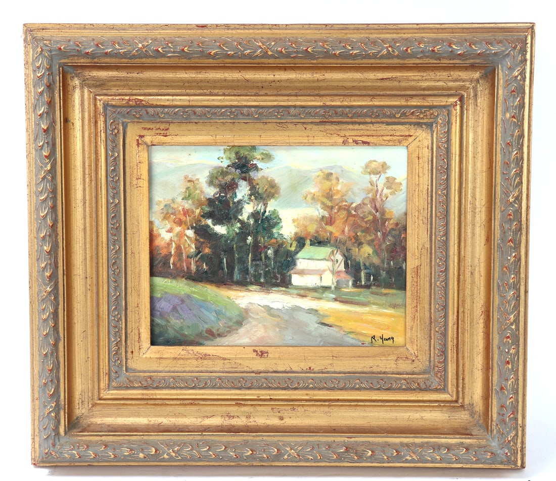 Beautiful Landscape Painting, R. Young: Fine landscape painting of a large white house with a light green roof. Lovely autumn and fall colors throughout the trees with mountains in the background. Signed to the lower right by the artist,